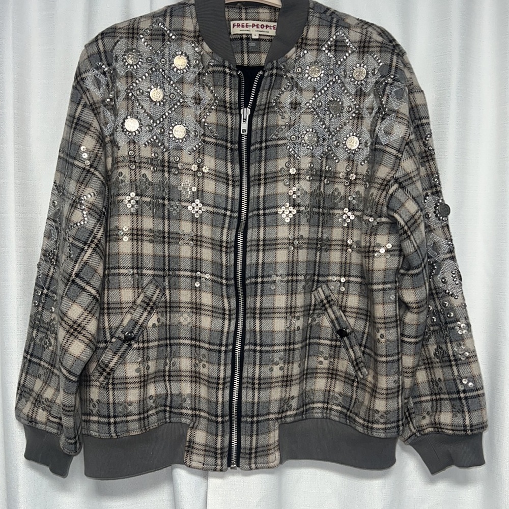 NWOT FP Free People Louie Grey Plaid Embellished Bomber Jacket